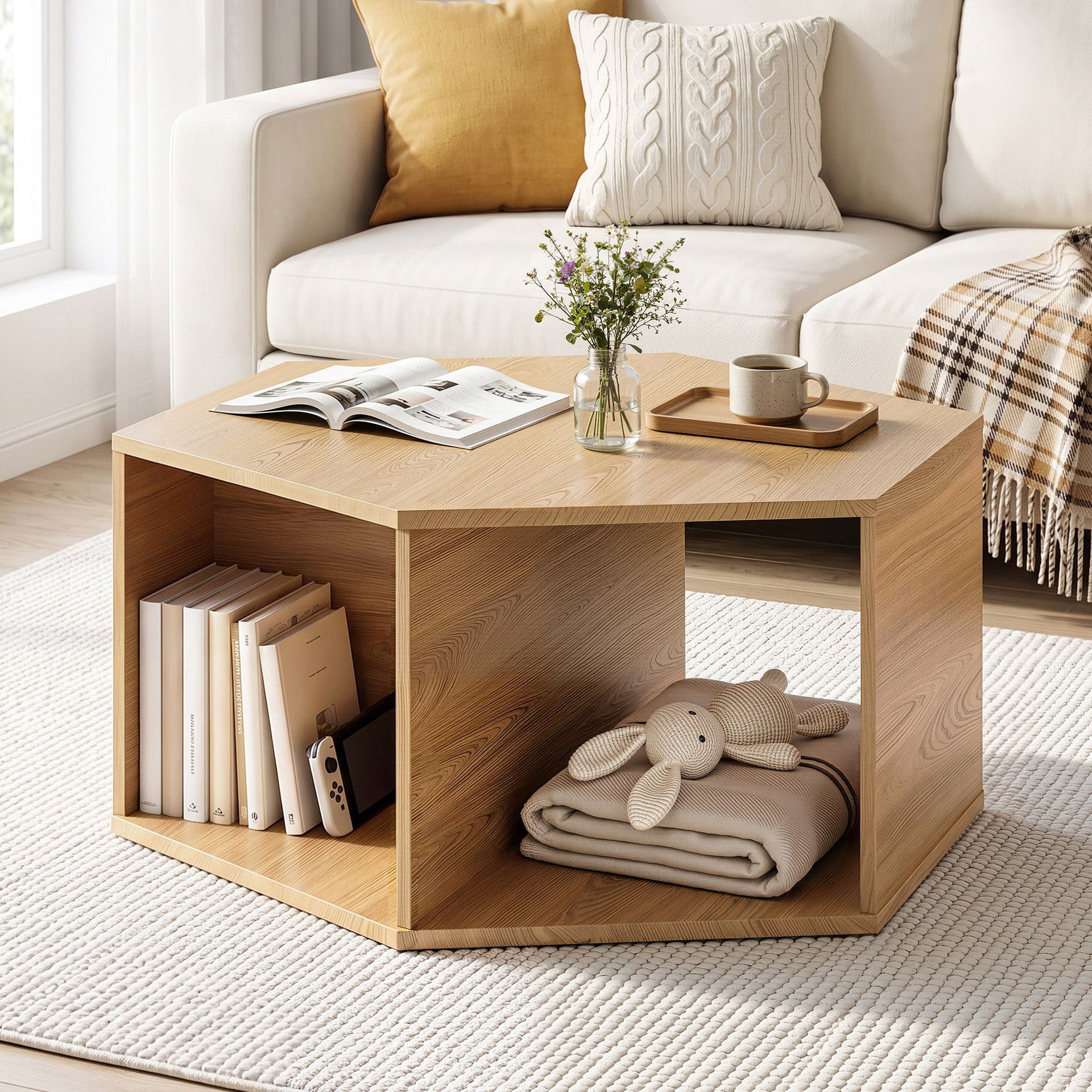 Artiss Coffee Table Hexagonal Center Table with Open Storage 2-Way Display Side Table Wood Awezingly