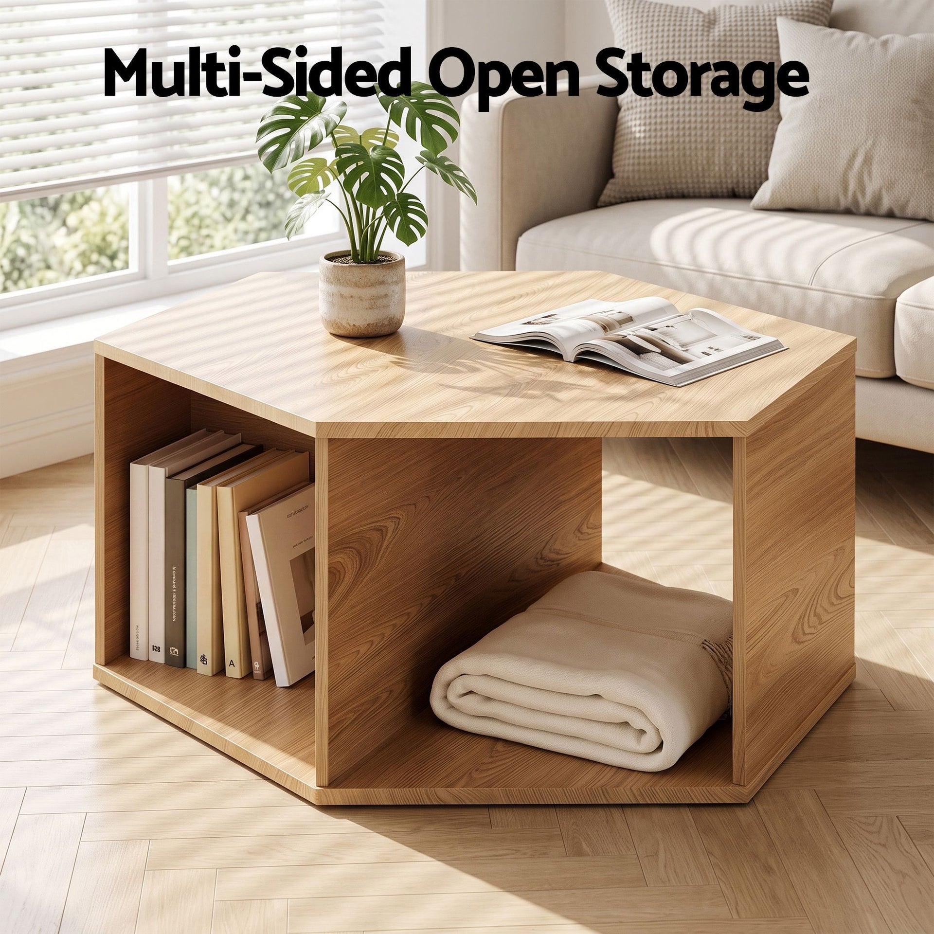 Artiss Coffee Table Hexagonal Center Table with Open Storage 2-Way Display Side Table Wood Awezingly