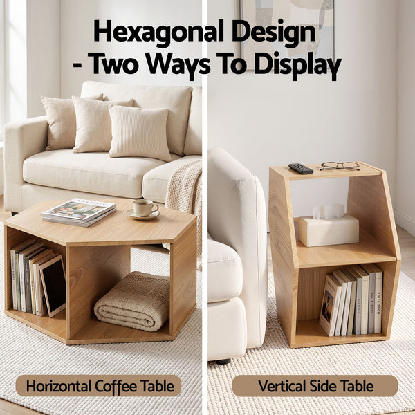 Artiss Coffee Table Hexagonal Center Table with Open Storage 2-Way Display Side Table Wood Awezingly