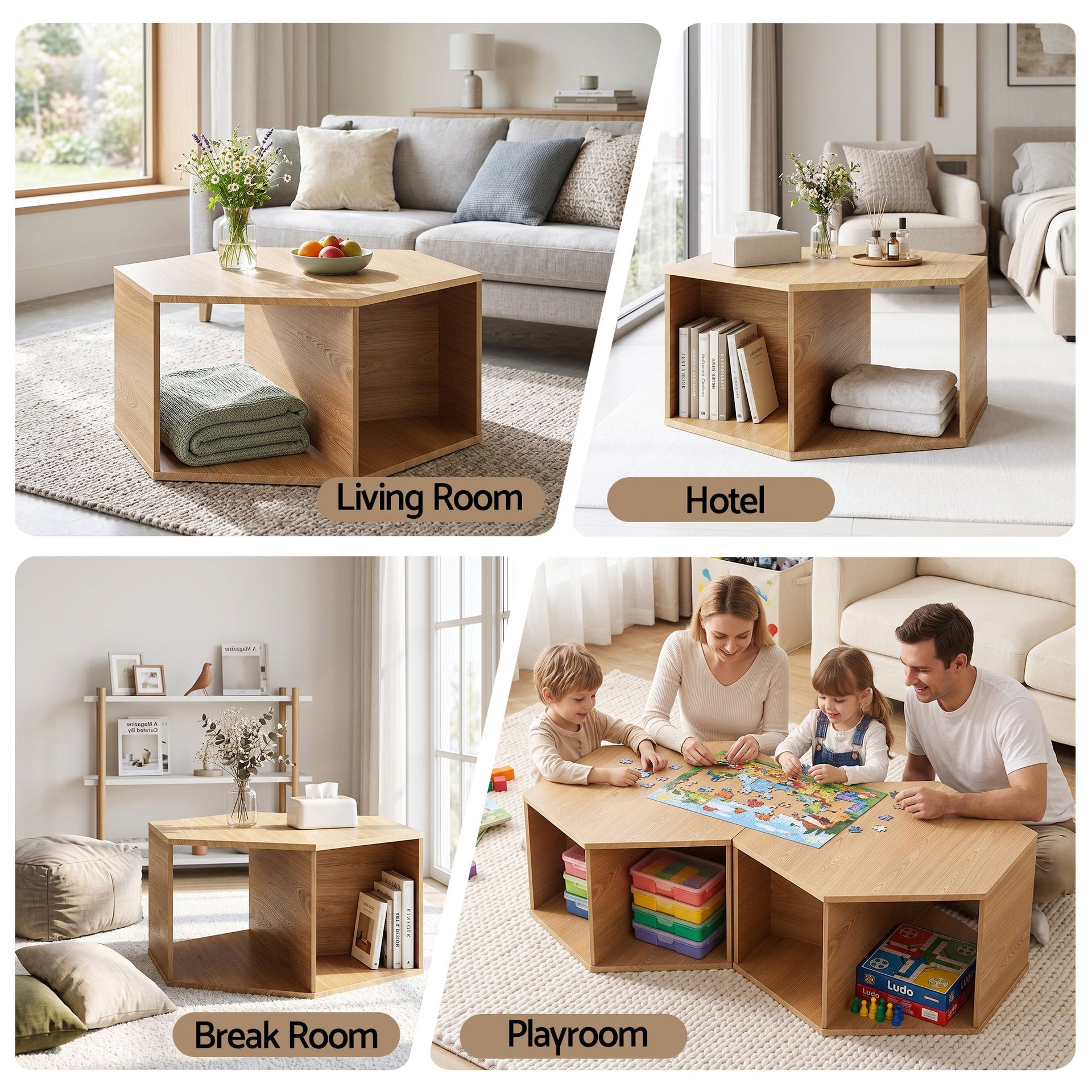Artiss Coffee Table Hexagonal Center Table with Open Storage 2-Way Display Side Table Wood Awezingly
