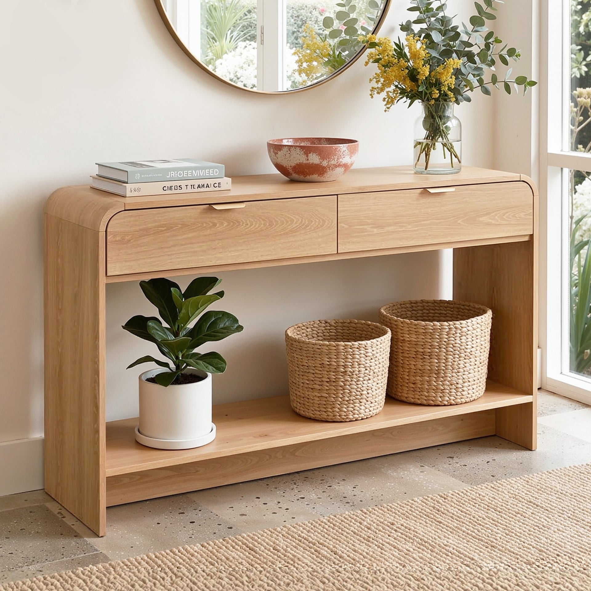 Artiss Console Table Hallway Entryway Storage Drawer Shelf Curved Edge 120CM Pine Awezingly