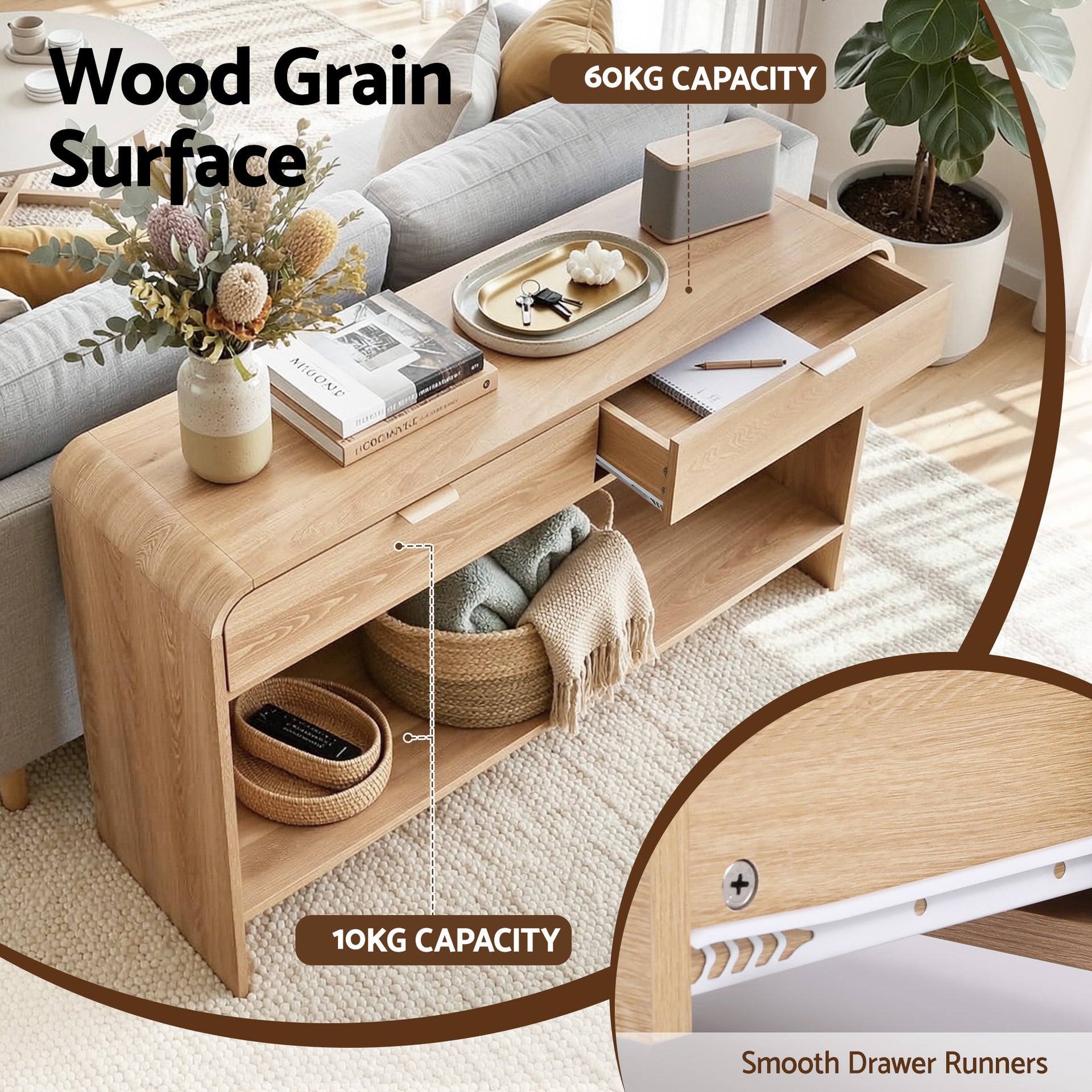 Artiss Console Table Hallway Entryway Storage Drawer Shelf Curved Edge 120CM Pine Awezingly