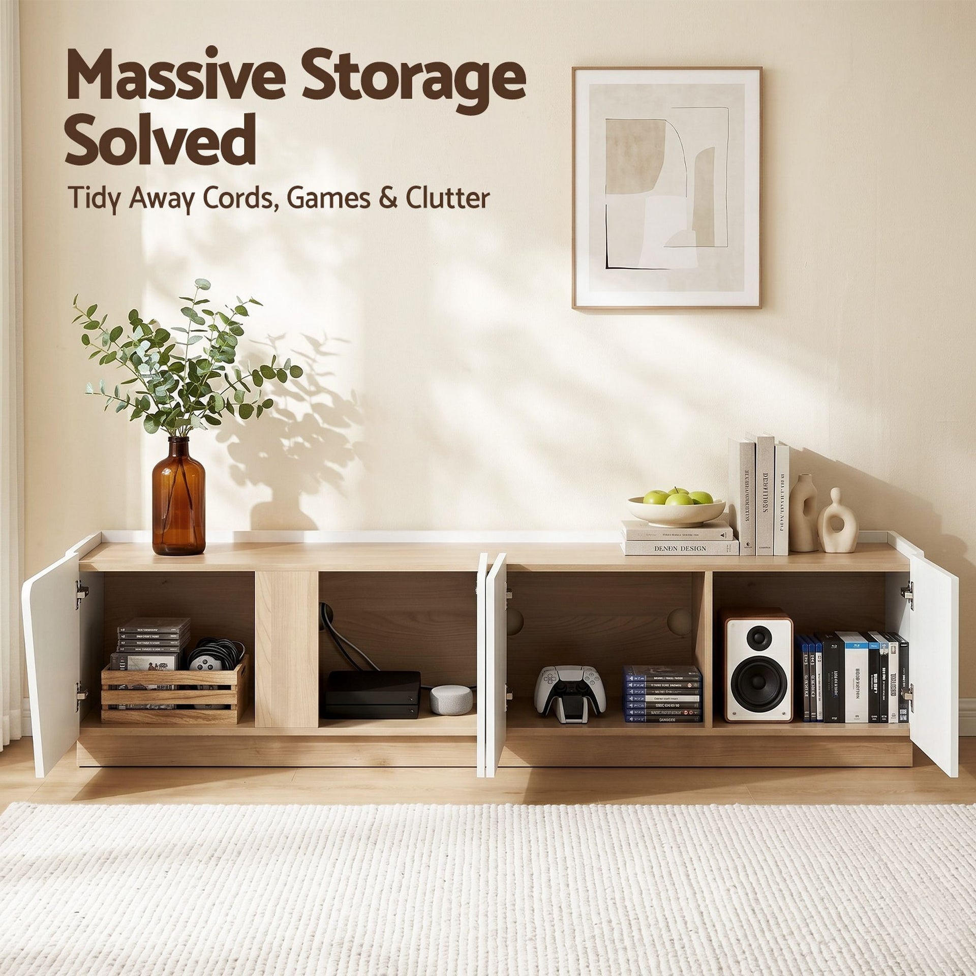 Artiss 180cm TV Unit Storage Cabinet Living Room White & Pine Awezingly