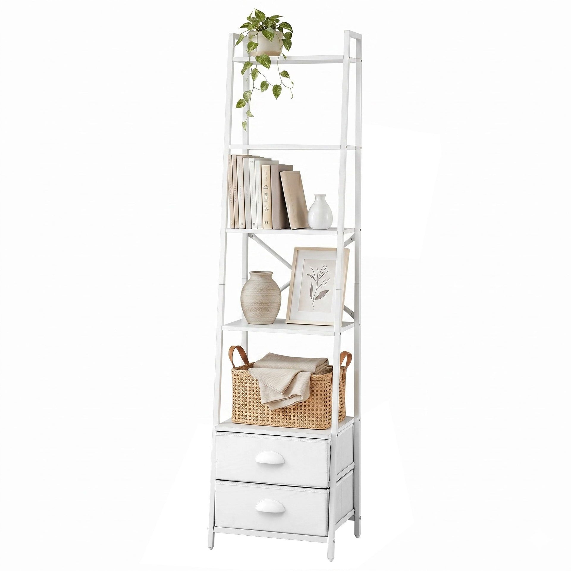 Artiss 5 Tier Bookshelf Ladder Bookcase with Fabric Drawers Display Rack White Awezingly