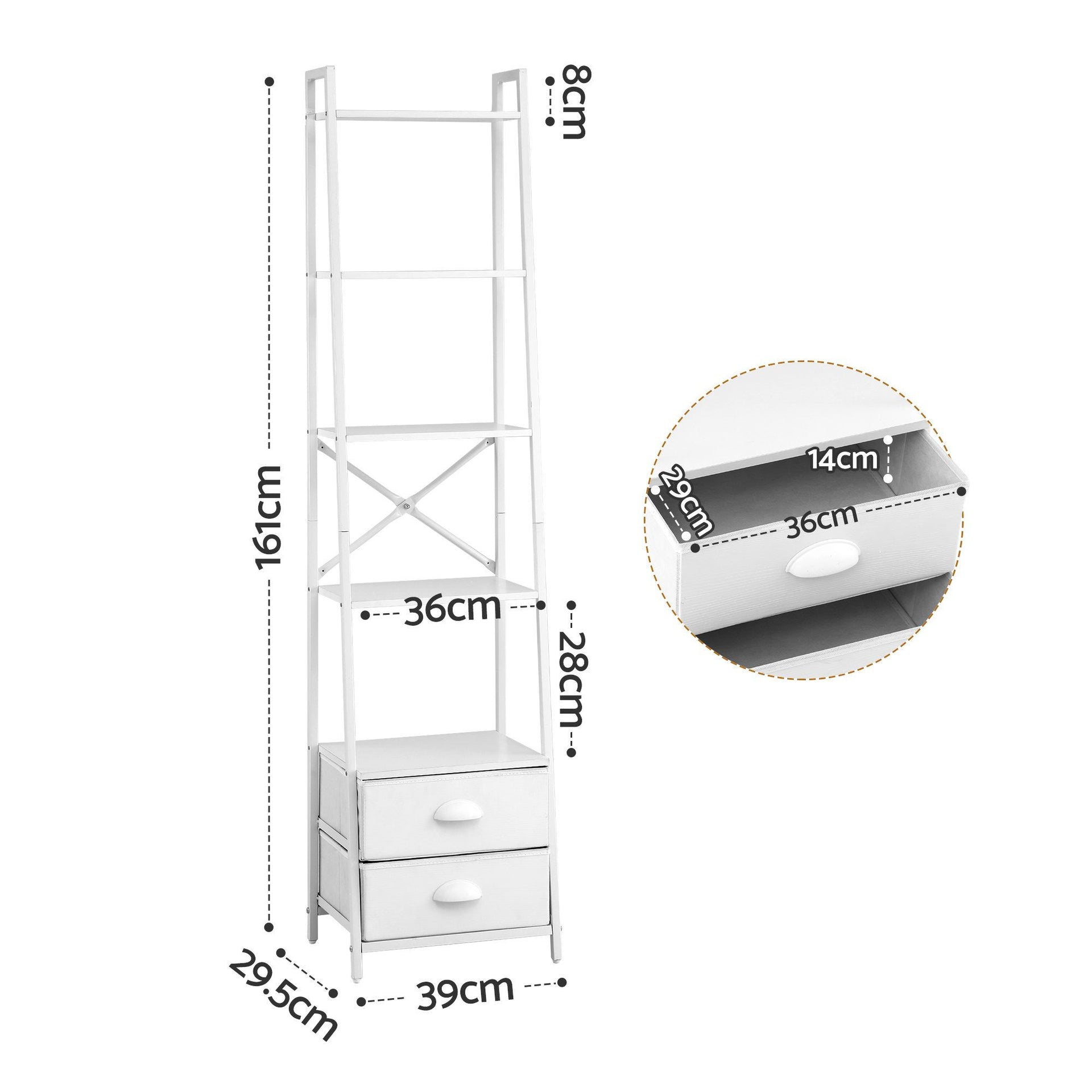 Artiss 5 Tier Bookshelf Ladder Bookcase with Fabric Drawers Display Rack White Awezingly