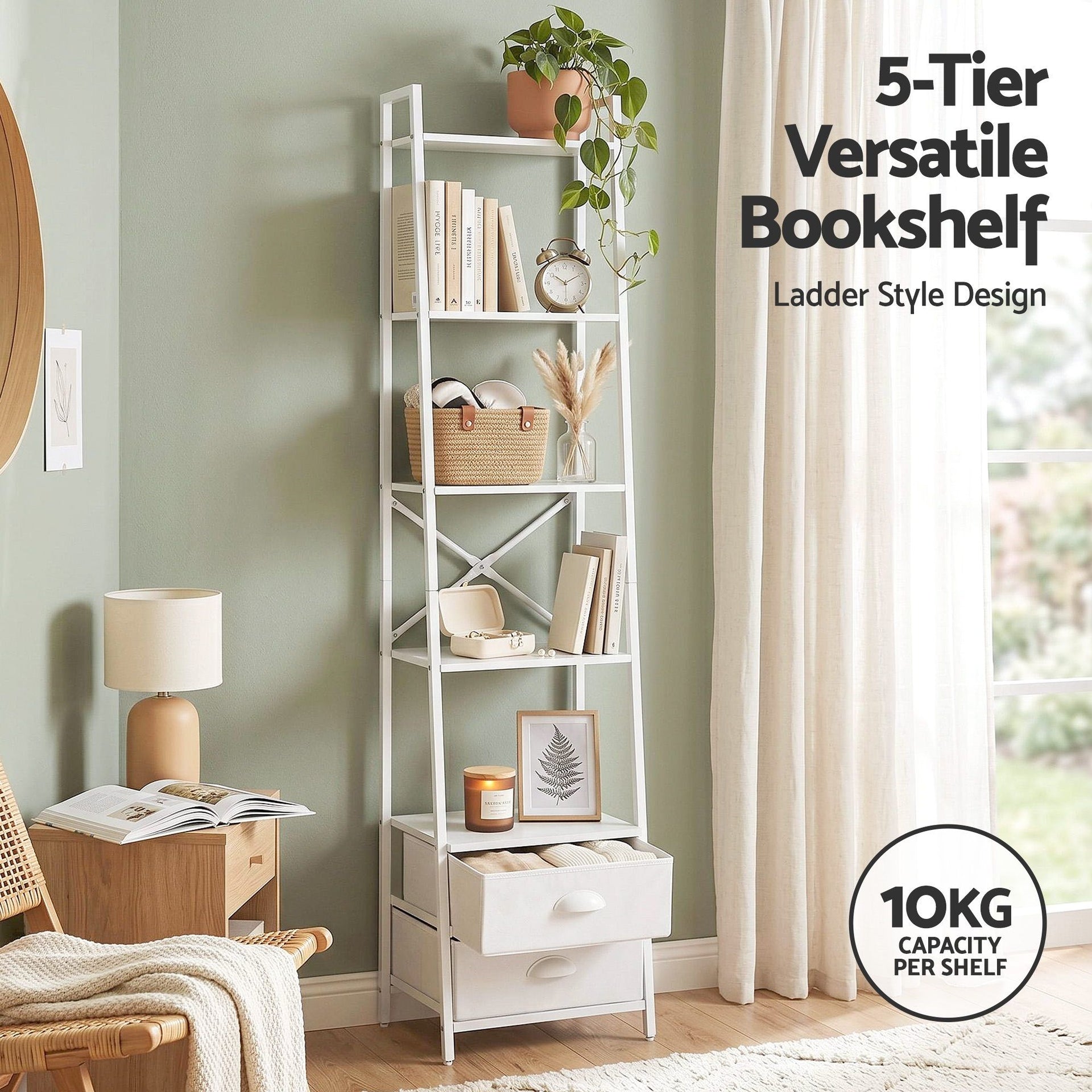 Artiss 5 Tier Bookshelf Ladder Bookcase with Fabric Drawers Display Rack White Awezingly