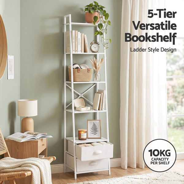 Artiss 5 Tier Bookshelf Ladder Bookcase with Fabric Drawers Display Rack White Awezingly