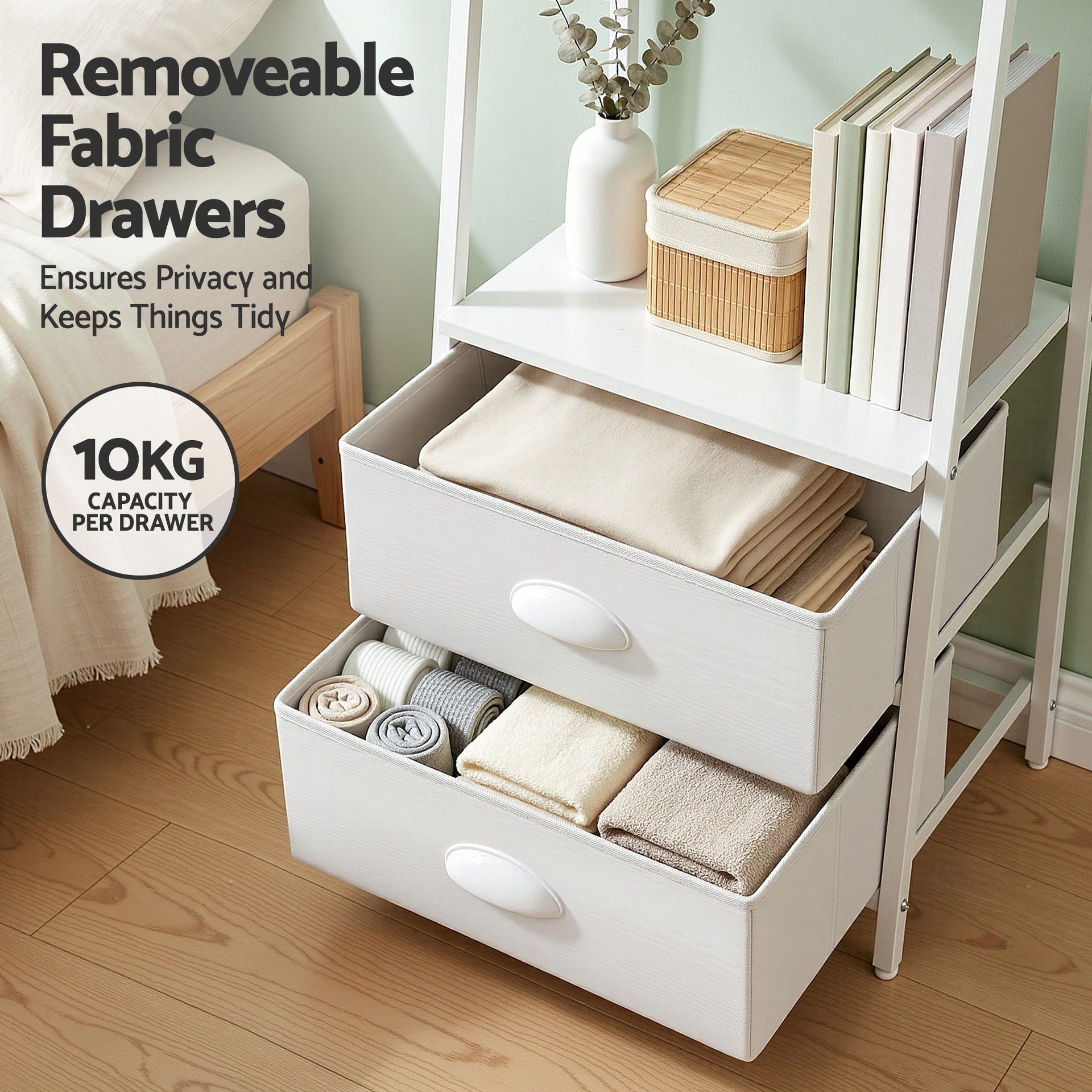 Artiss 5 Tier Bookshelf Ladder Bookcase with Fabric Drawers Display Rack White Awezingly