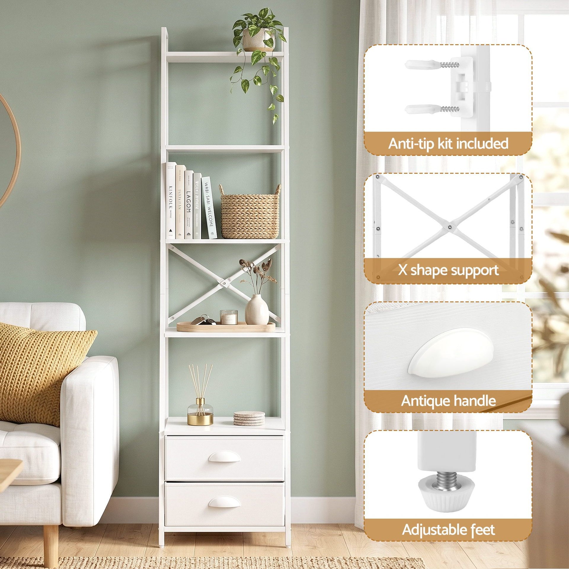 Artiss 5 Tier Bookshelf Ladder Bookcase with Fabric Drawers Display Rack White Awezingly