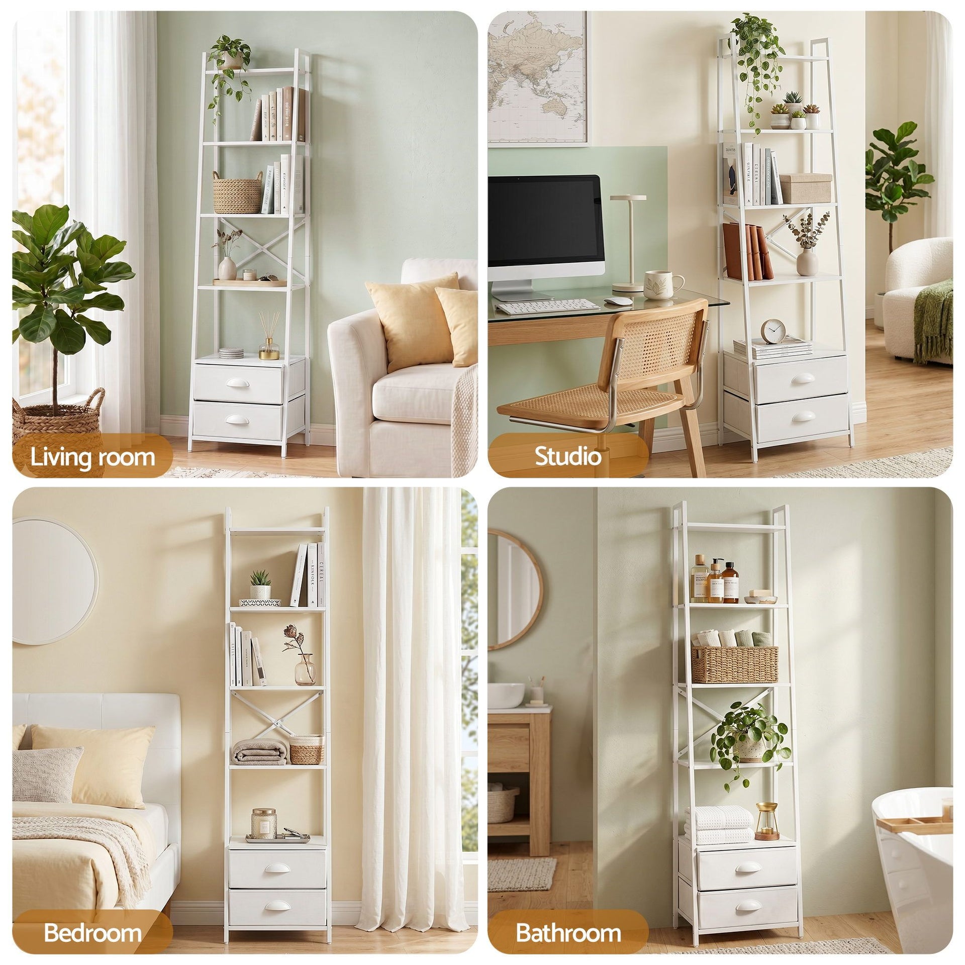 Artiss 5 Tier Bookshelf Ladder Bookcase with Fabric Drawers Display Rack White Awezingly