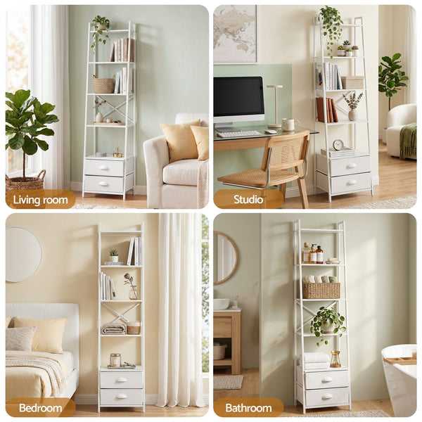 Artiss 5 Tier Bookshelf Ladder Bookcase with Fabric Drawers Display Rack White Awezingly