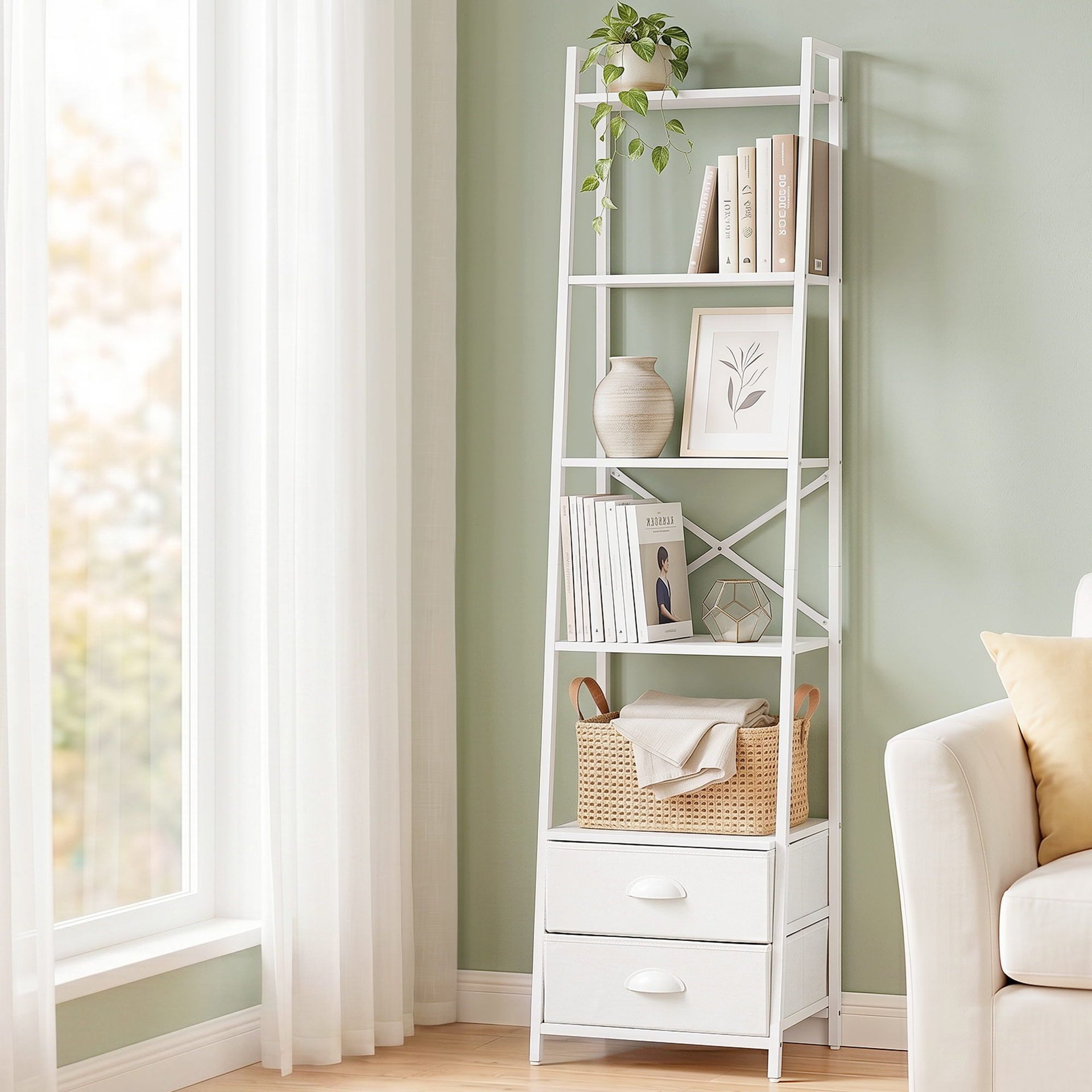 Artiss 5 Tier Bookshelf Ladder Bookcase with Fabric Drawers Display Rack White Awezingly