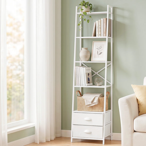Artiss 5 Tier Bookshelf Ladder Bookcase with Fabric Drawers Display Rack White Awezingly