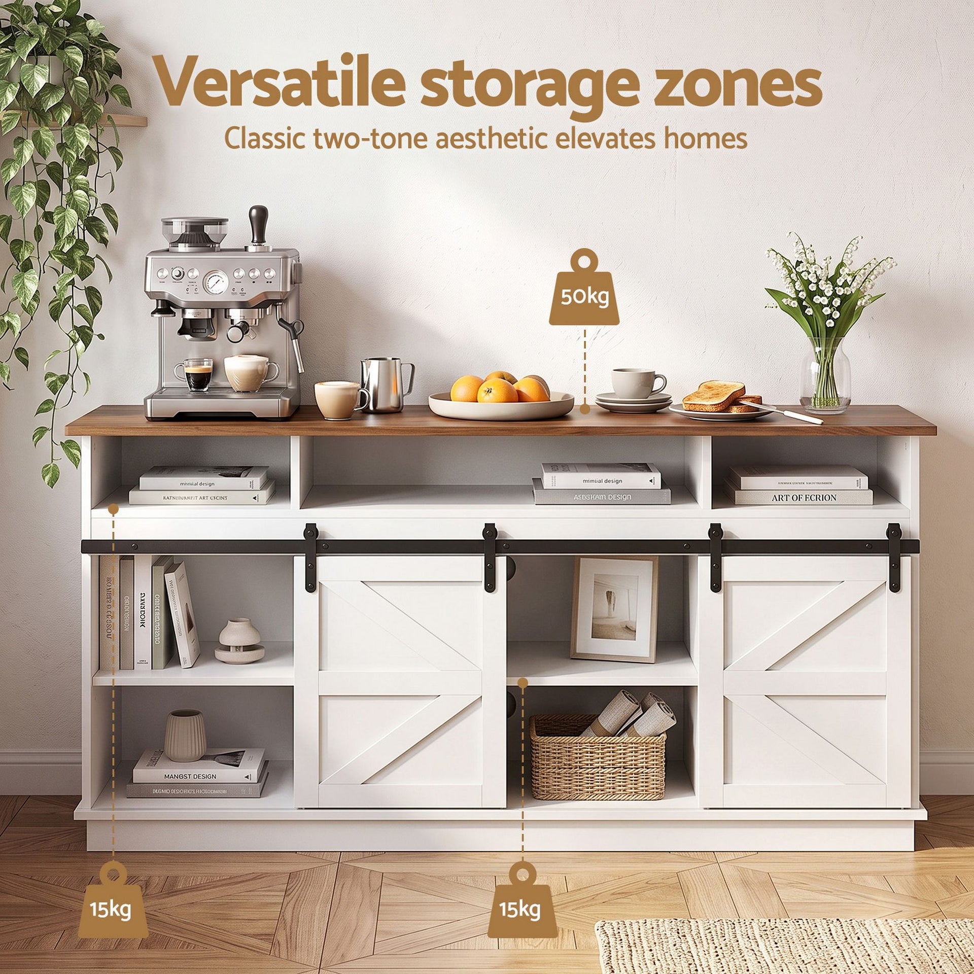 Artiss Buffet Sideboard Cabinet 150cm 3-Tier Kitchen Storage Sliding Doors White Awezingly