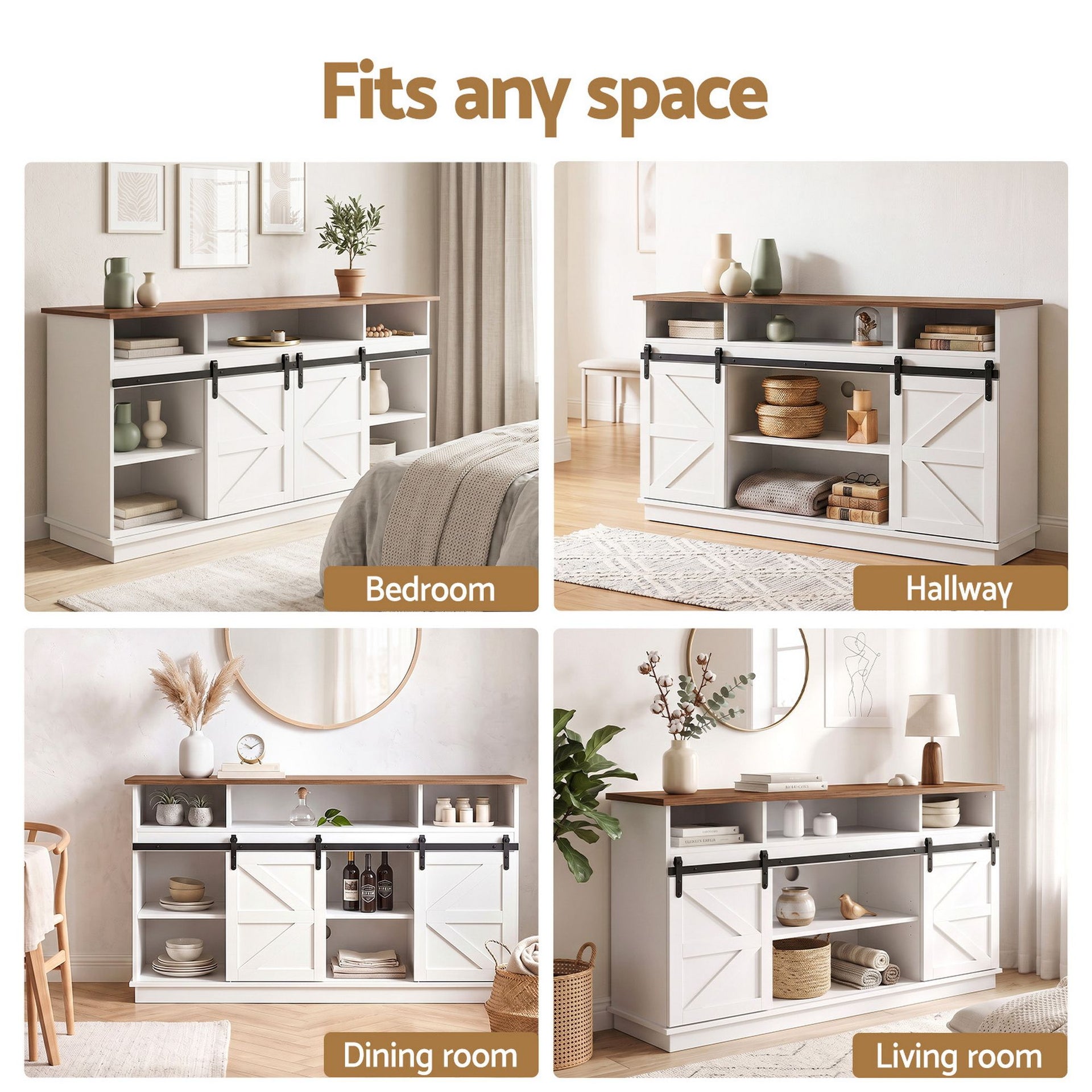 Artiss Buffet Sideboard Cabinet 150cm 3-Tier Kitchen Storage Sliding Doors White Awezingly