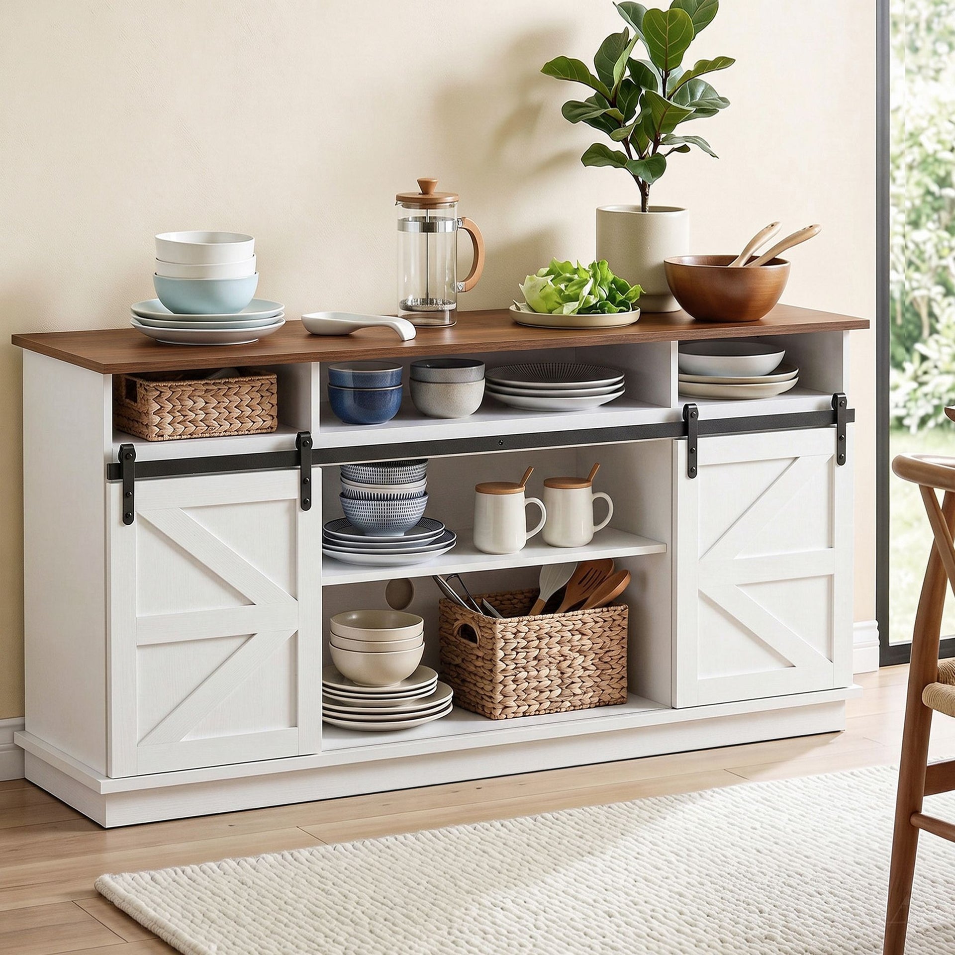 Artiss Buffet Sideboard Cabinet 150cm 3-Tier Kitchen Storage Sliding Doors White Awezingly