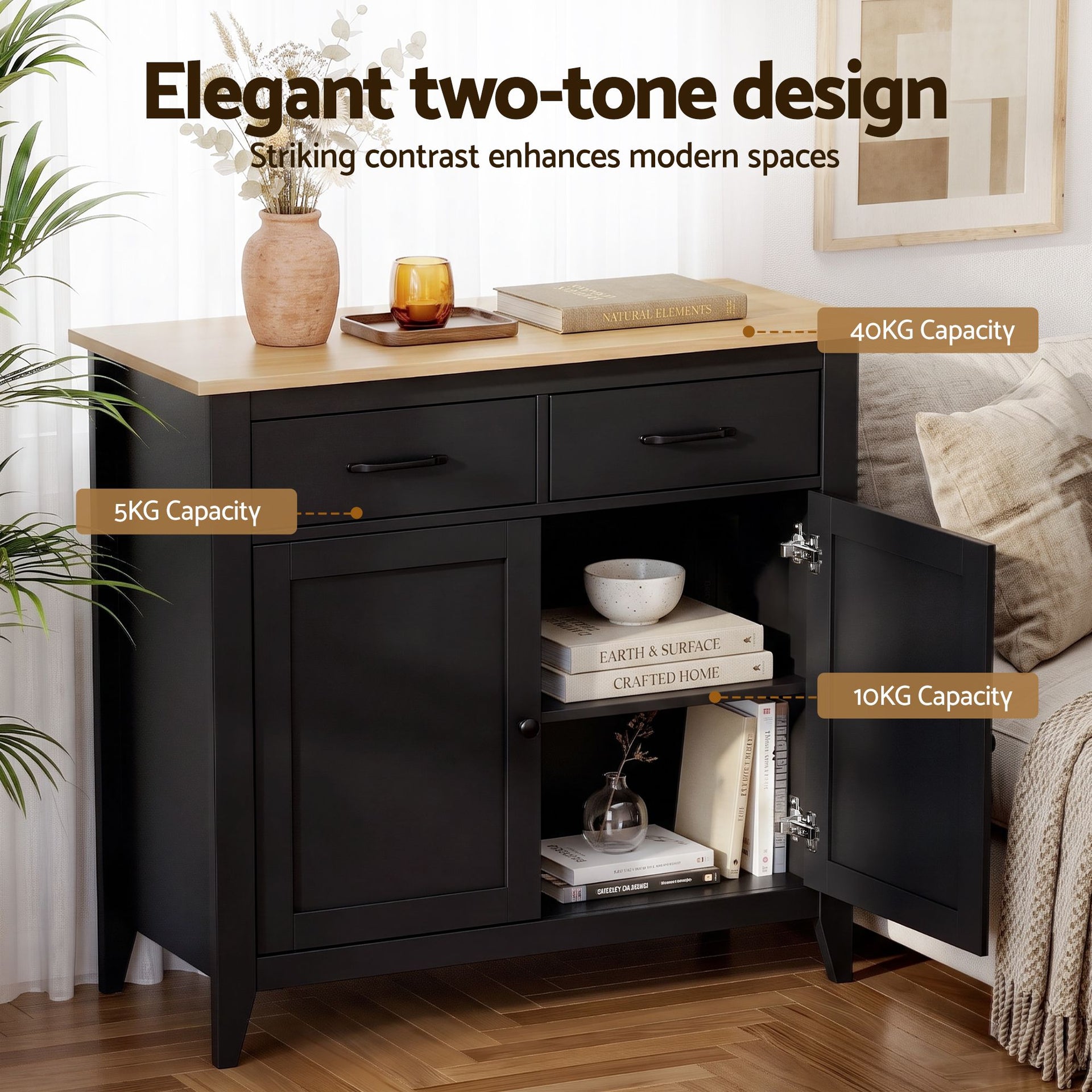 Artiss Buffet Sideboard Cabinet Kitchen Storage Cupboard Pantry 2 Drawers Black Awezingly