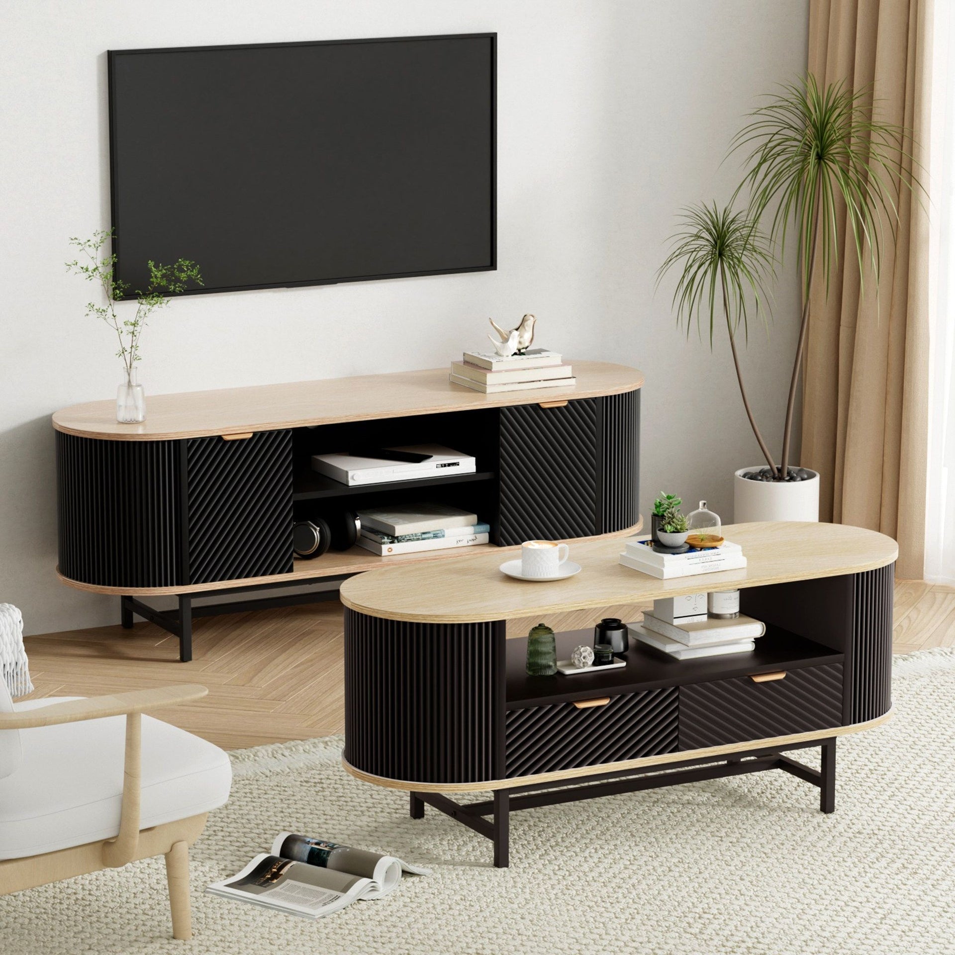 Artiss TV Unit & Coffee Table Set Storage Drawers Shelves Black Pine Awezingly