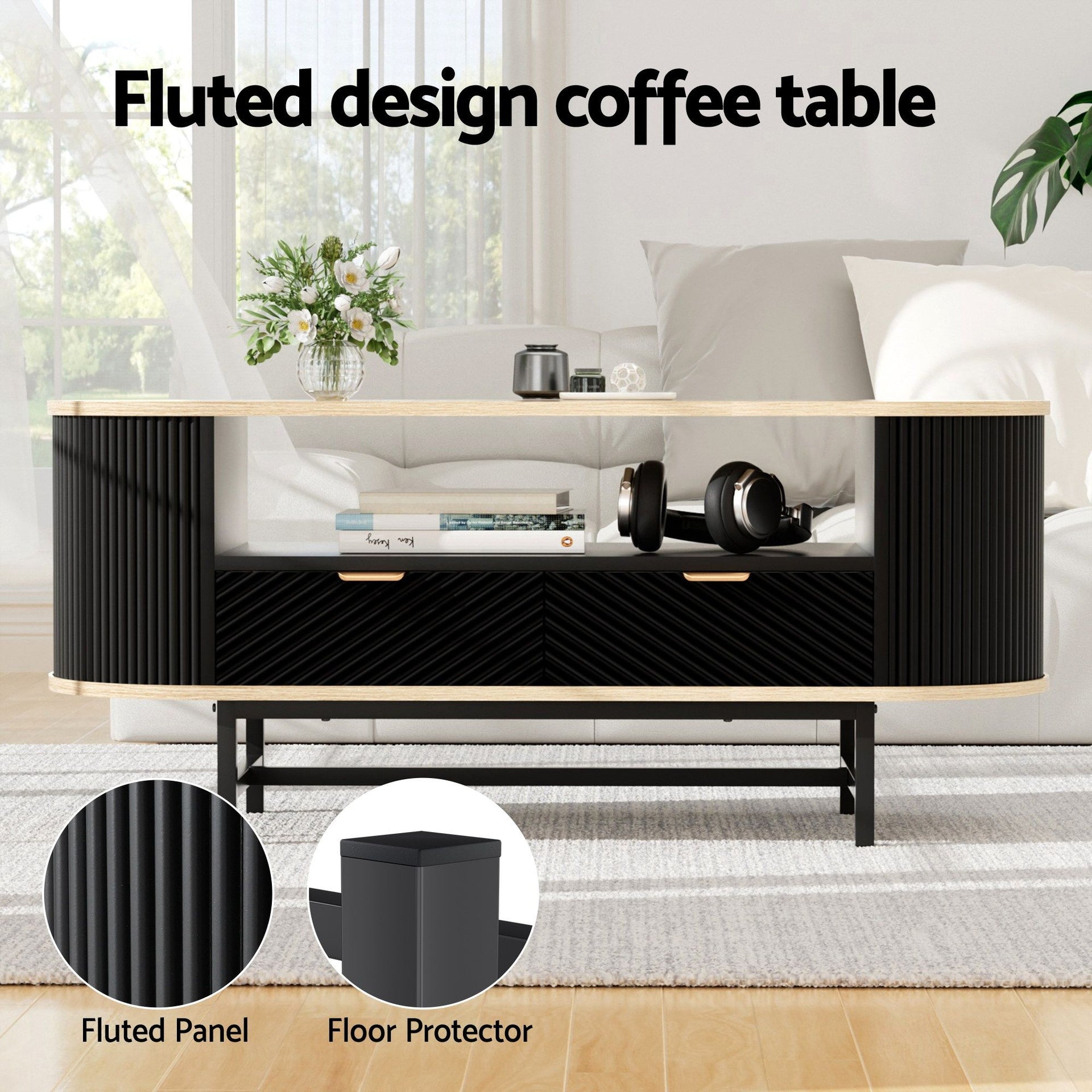 Artiss TV Unit & Coffee Table Set Storage Drawers Shelves Black Pine Awezingly