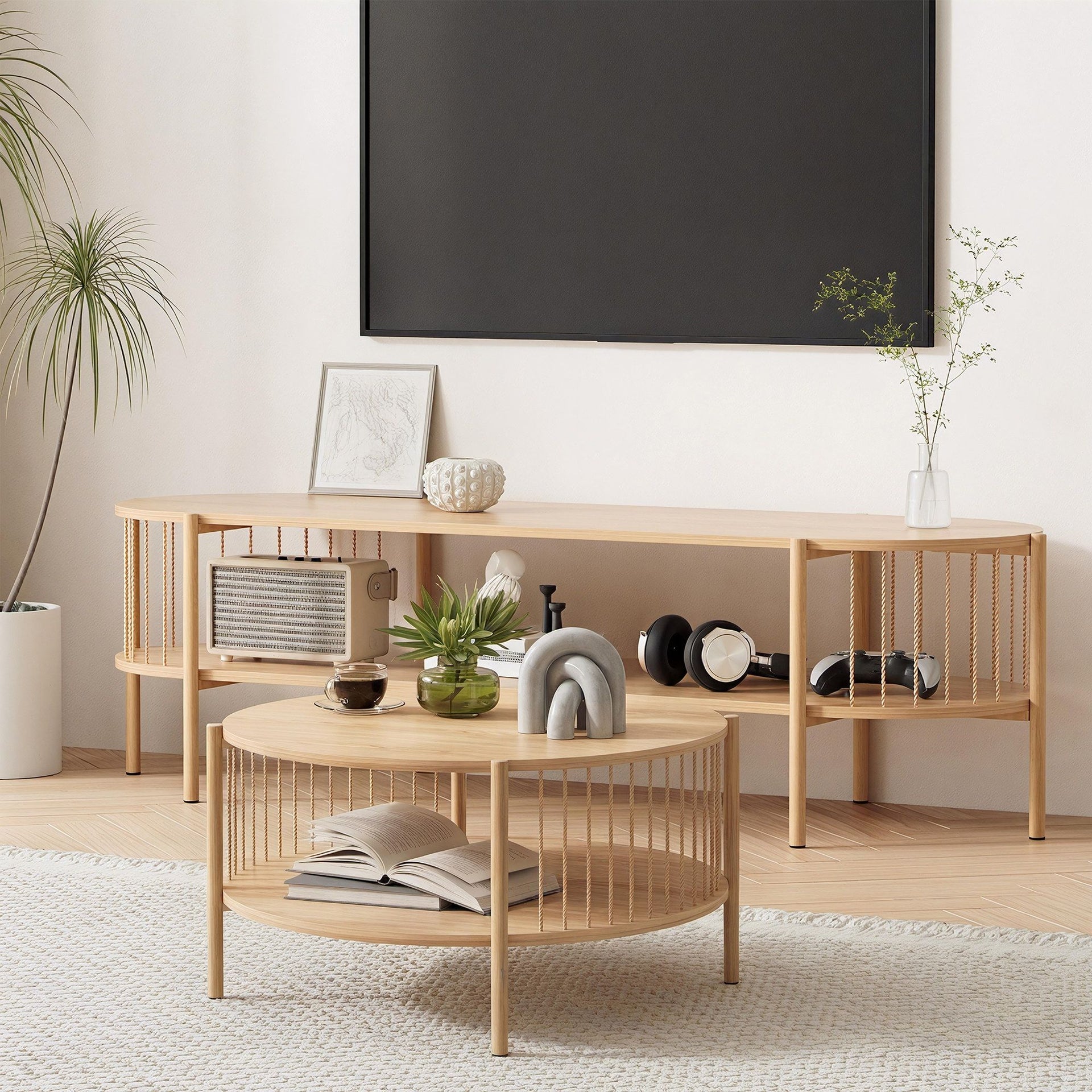 Artiss TV Unit & Coffee Table Set Storage Shelf Pine Awezingly