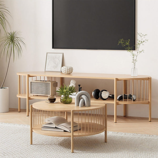 Artiss TV Unit & Coffee Table Set Storage Shelf Pine Awezingly