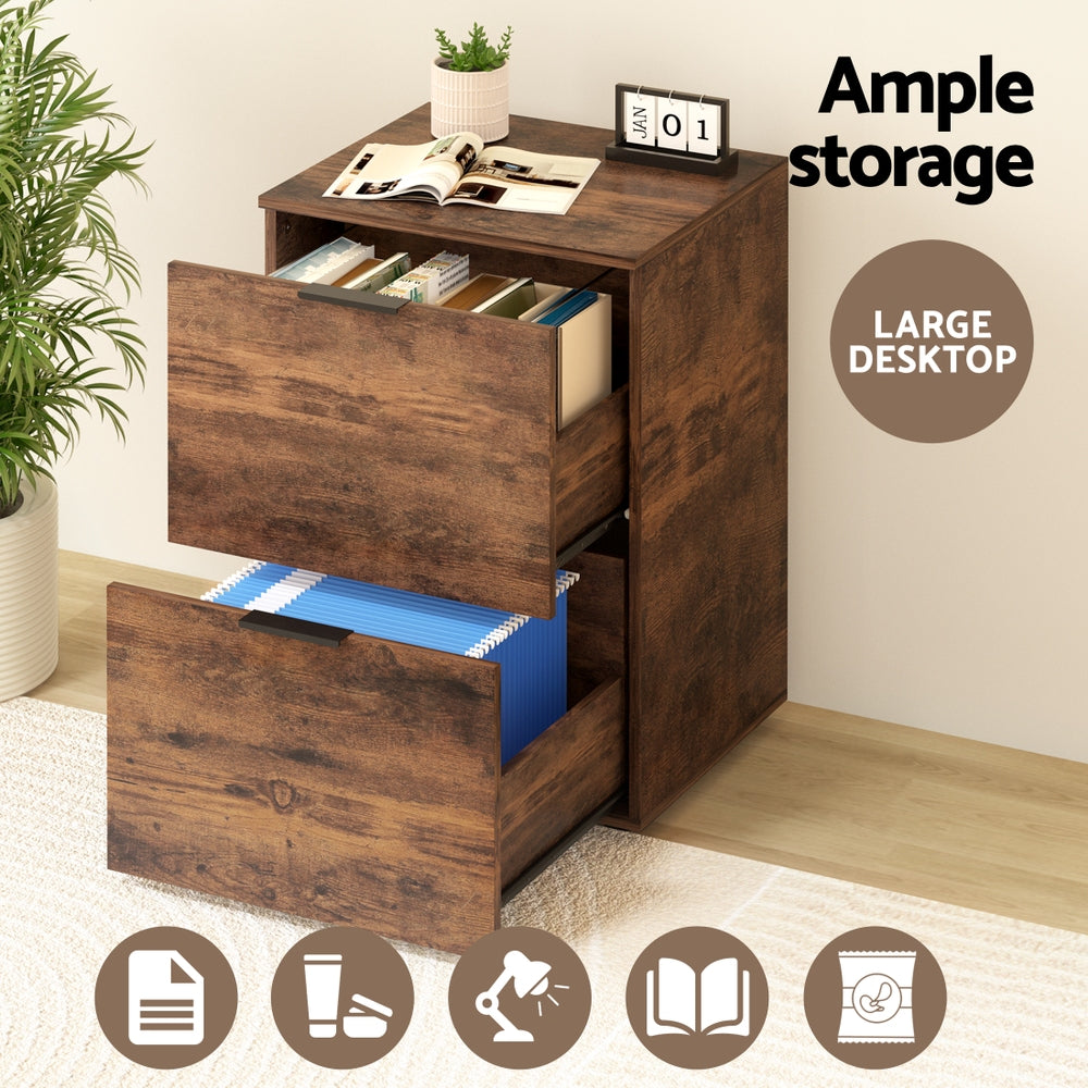 Artiss Filing Cabinet Files Storage Office Shelves File Organiser Rustic Brown 2 Drawer Awezingly