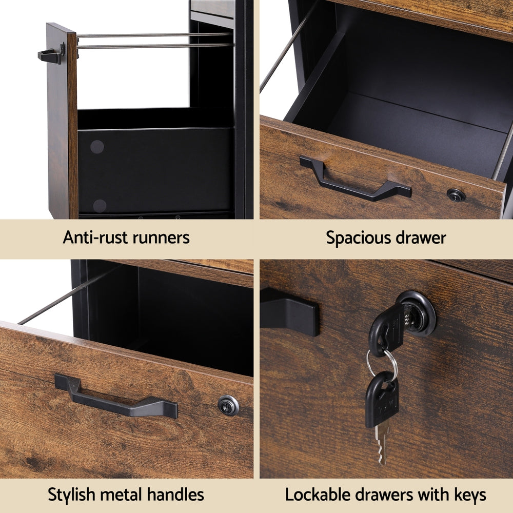 Artiss Filing Cabinet File Cabinet with Wheels 2 Drawer Storage Rustic Brown Awezingly