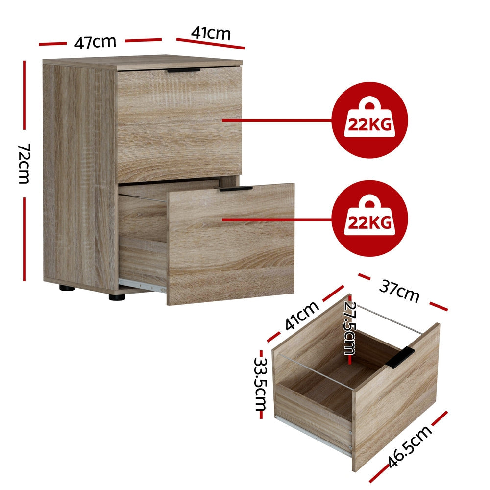 Artiss Filing Cabinet Files Storage Office Shelves File Organiser Oak 2 Drawer Artiss