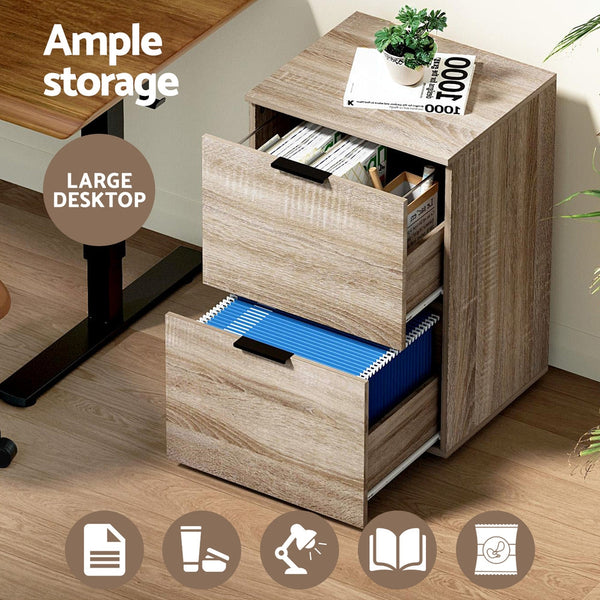 Artiss Filing Cabinet Files Storage Office Shelves File Organiser Oak 2 Drawer Artiss