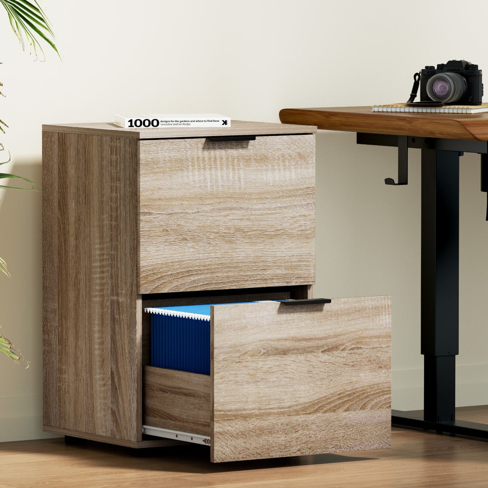 Artiss Filing Cabinet Files Storage Office Shelves File Organiser Oak 2 Drawer Artiss