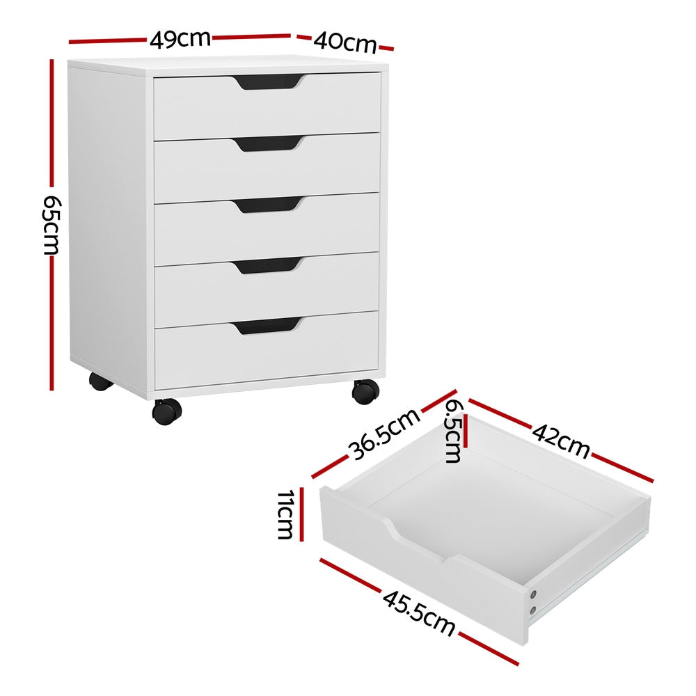 Artiss 5-Drawer Filing Cabinet Mobile Rolling Storage Cabinet Chest of Drawers Stand White Artiss