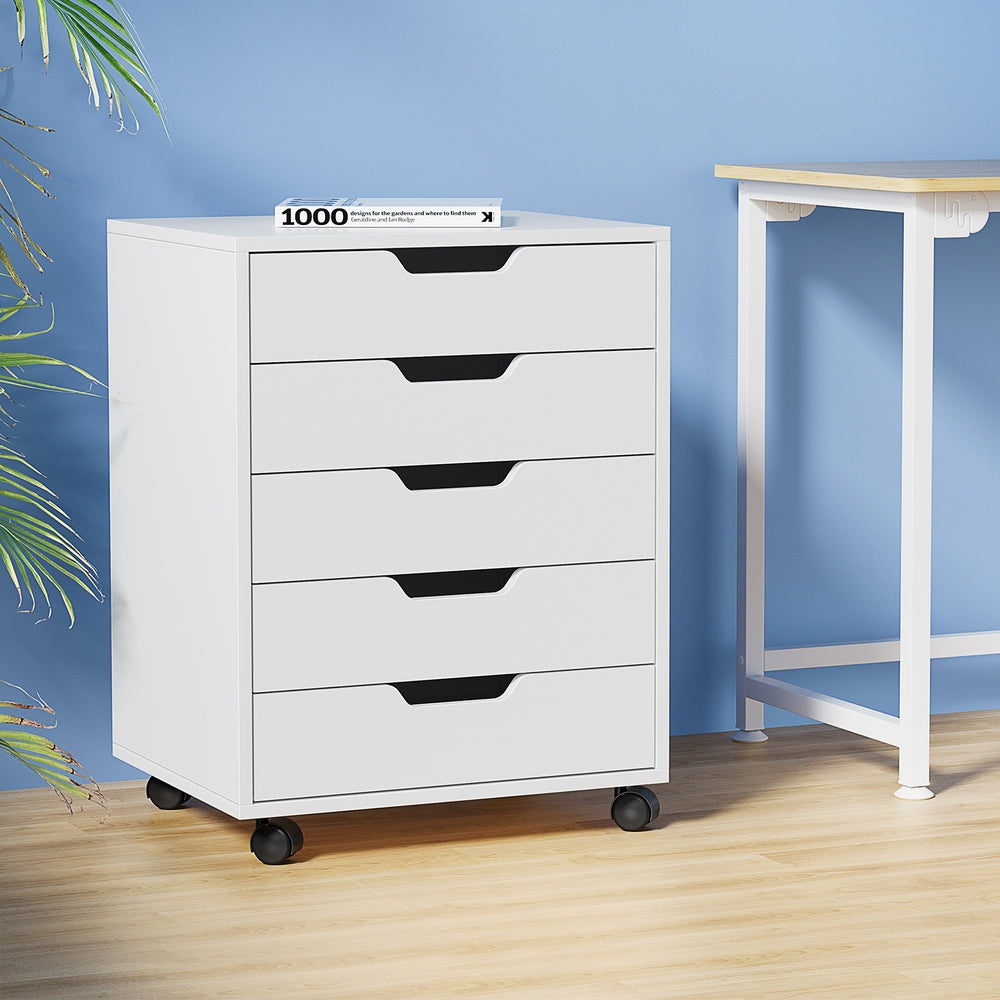 Artiss 5-Drawer Filing Cabinet Mobile Rolling Storage Cabinet Chest of Drawers Stand White Artiss