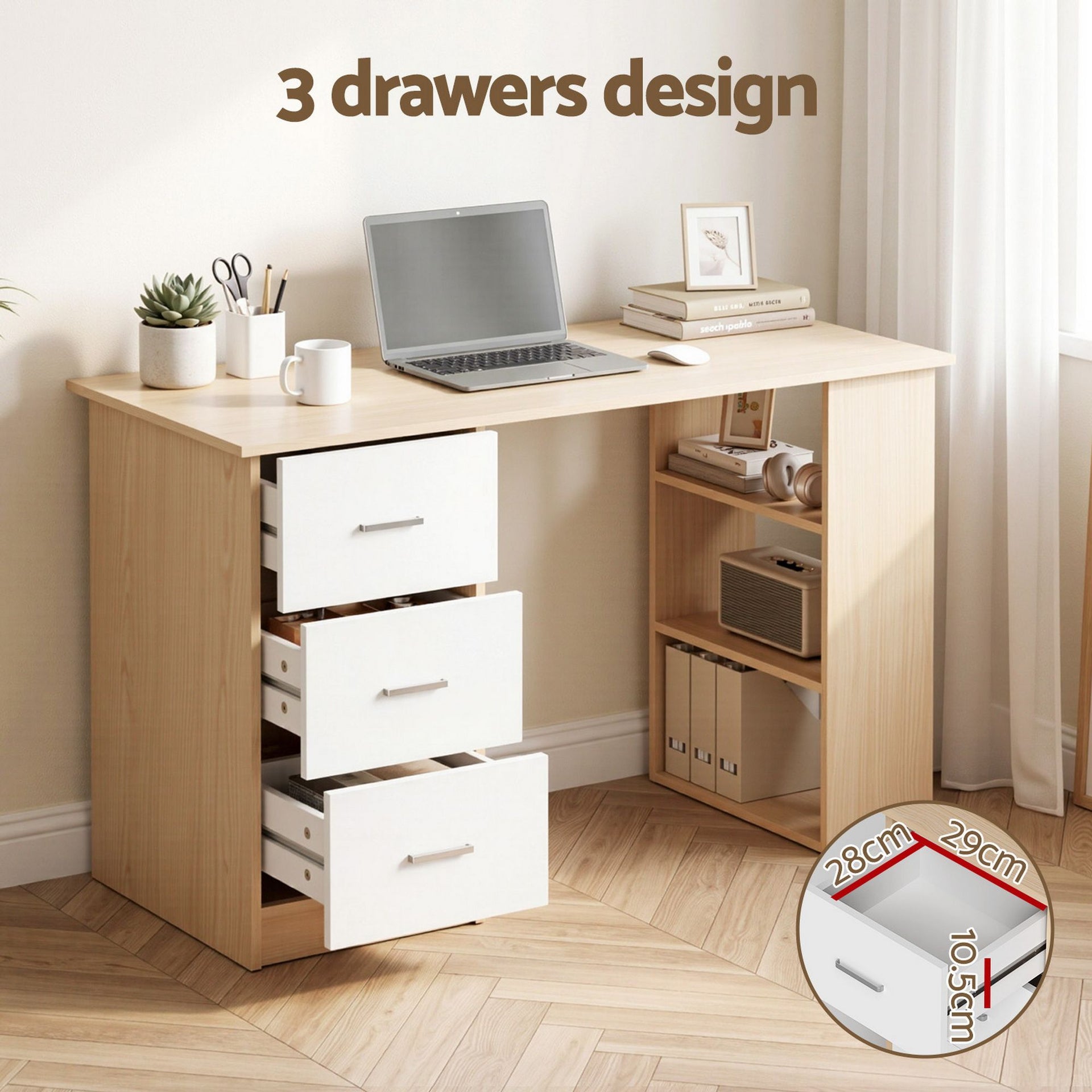 Artiss Computer Desk Drawer Shelf Oak White 120CM Awezingly