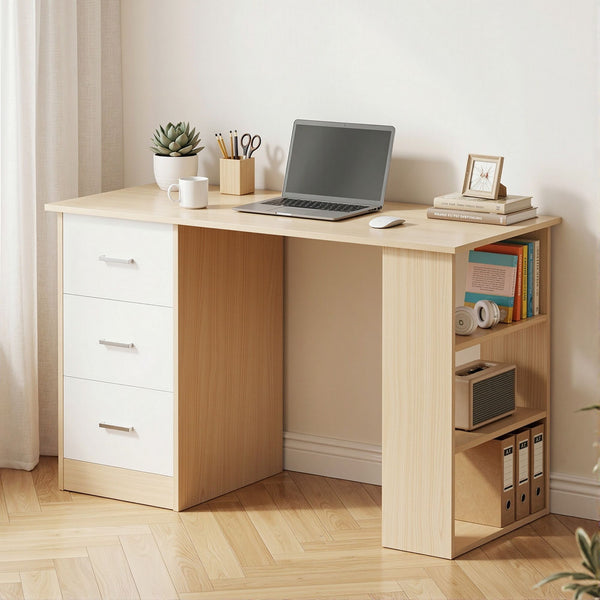 Artiss Computer Desk Drawer Shelf Oak White 120CM Awezingly