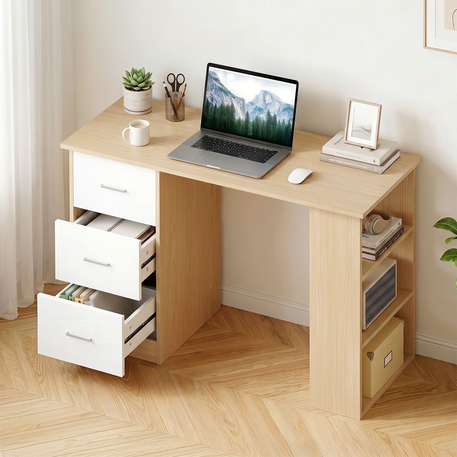 Artiss Computer Desk Drawer Shelf Oak White 120CM Awezingly