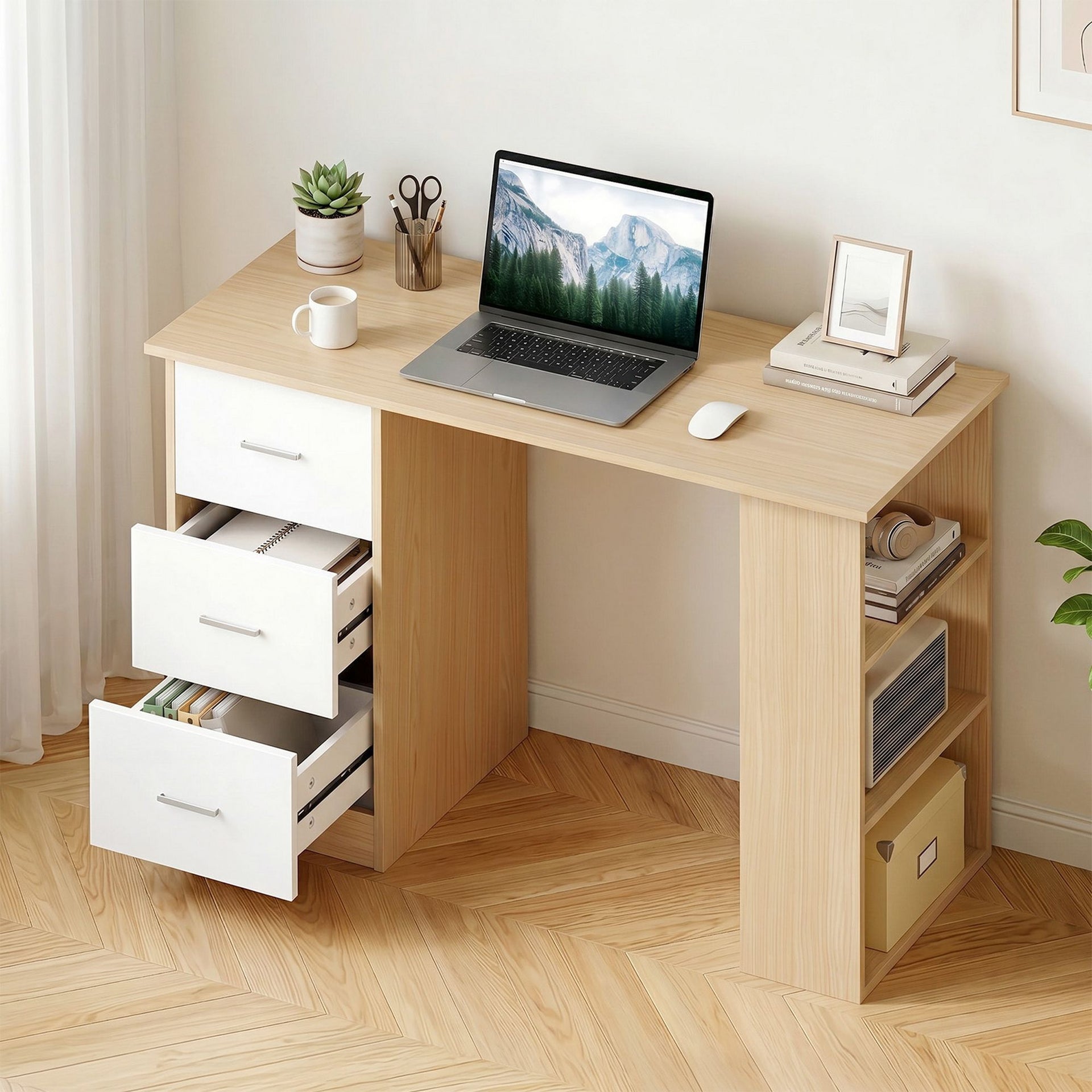 Artiss Computer Desk Drawer Shelf Oak White 120CM Awezingly