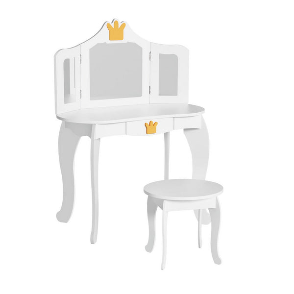 Keezi Kids Dressing Table Vanity Makeup Chair Set Wooden 3 Mirror Drawer White Keezi