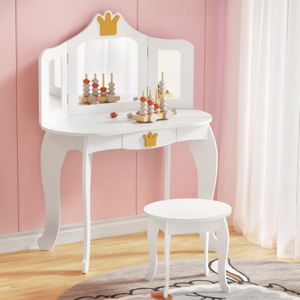 Keezi Kids Dressing Table Vanity Makeup Chair Set Wooden 3 Mirror Drawer White Keezi