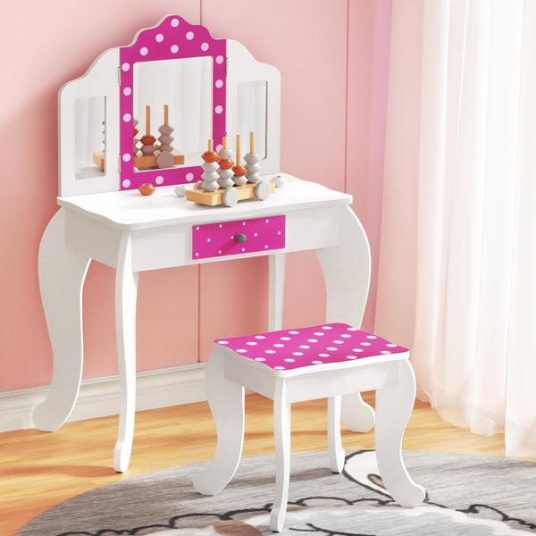 Keezi Kids Dressing Table Vanity Makeup Chair Set Wooden 3 Mirror Drawer Pink Keezi