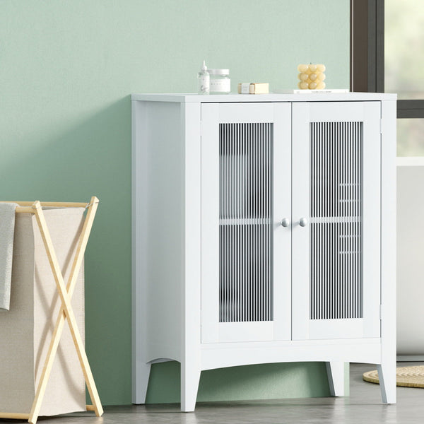 Artiss Bathroom Storage Cabinet 80cm Buffet Sideboard Floor Cupboard Toilet Glass White Artiss