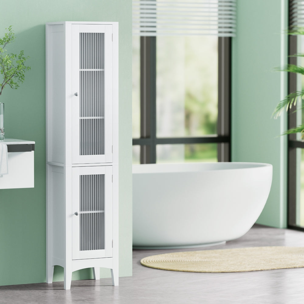 Artiss Bathroom Storage Cabinet 160cm Tall Slim Floor Cupboard Toilet Glass Door White Artiss