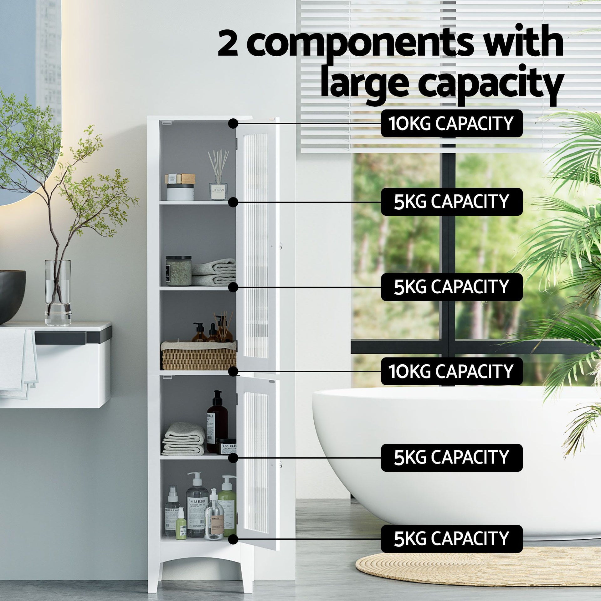 Artiss 2X Bathroom Storage Cabinet 160cm Tall Slim Floor Cupboard Toilet Glass Door White Awezingly