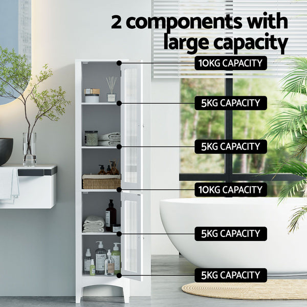 Artiss 2X Bathroom Storage Cabinet 160cm Tall Slim Floor Cupboard Toilet Glass Door White Awezingly