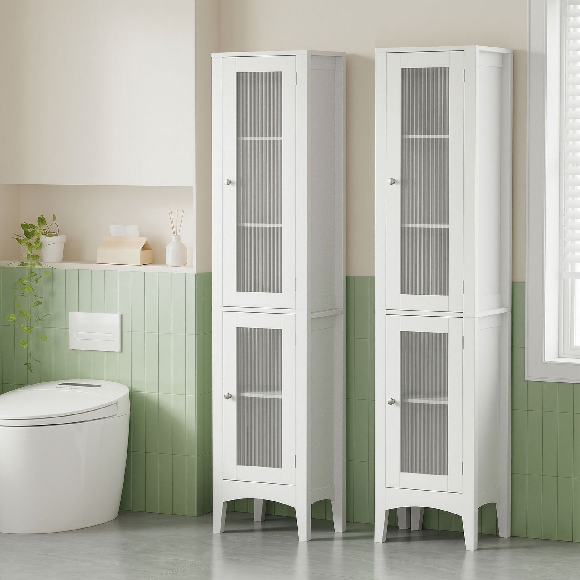 Artiss 2X Bathroom Storage Cabinet 160cm Tall Slim Floor Cupboard Toilet Glass Door White Awezingly