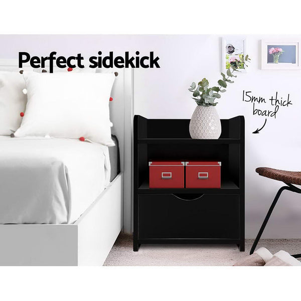 Artiss 2X Bedside Table 1 Drawer with Shelf - FARA Black Artiss
