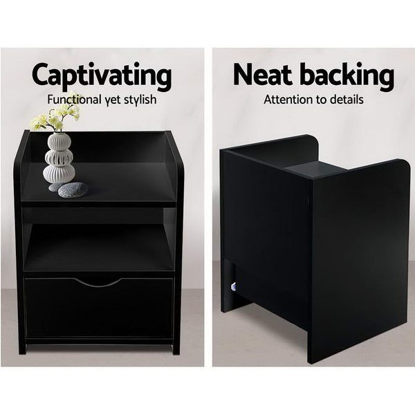 Artiss 2X Bedside Table 1 Drawer with Shelf - FARA Black Artiss