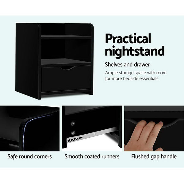 Artiss 2X Bedside Table 1 Drawer with Shelf - FARA Black Artiss