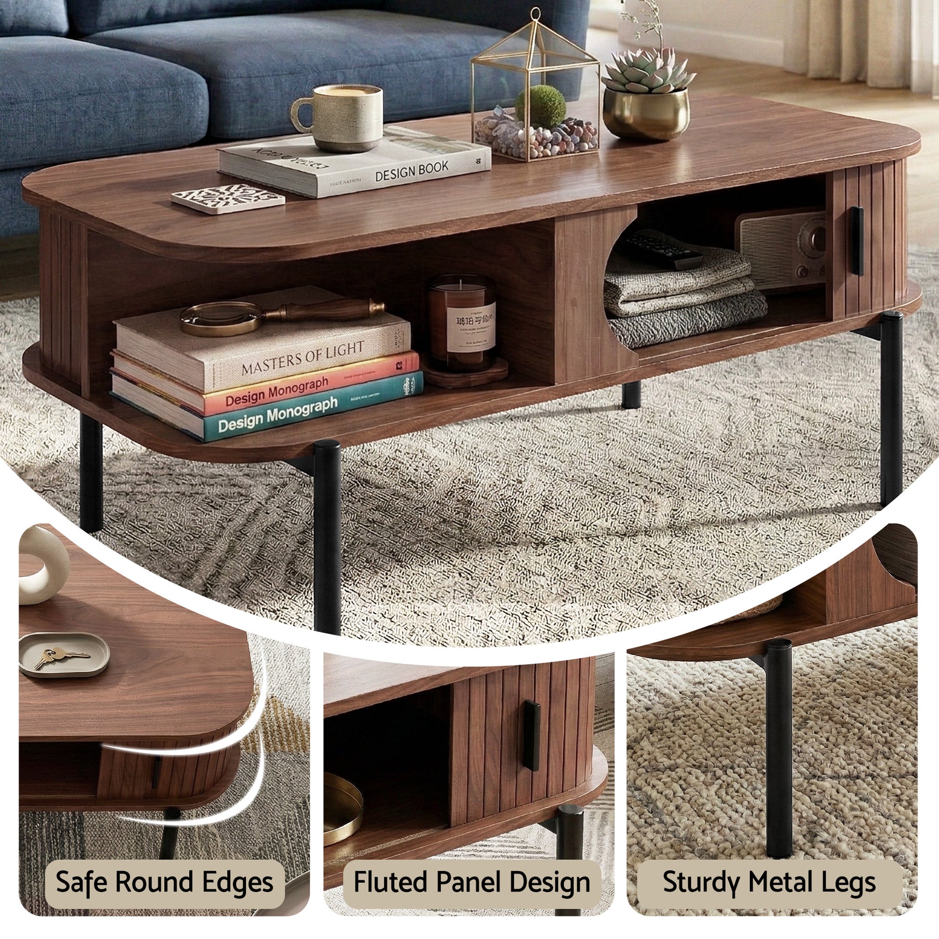 Artiss Coffee Table Living Room Center Table Shelf Cabinet Walnut Awezingly