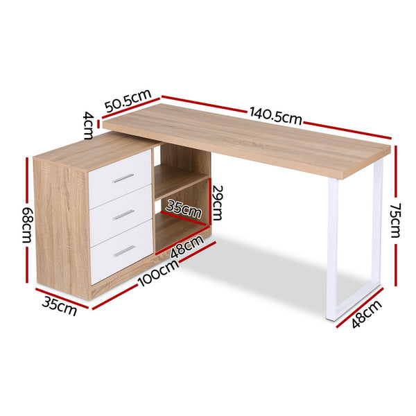 Artiss Computer Desk Swivelling L shape Home Office Storage Cabinet Oak Awezingly