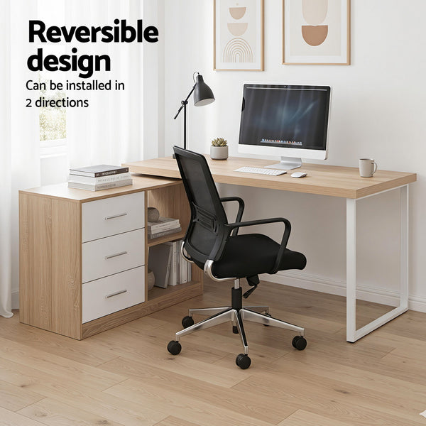 Artiss Computer Desk Swivelling L shape Home Office Storage Cabinet Oak Awezingly